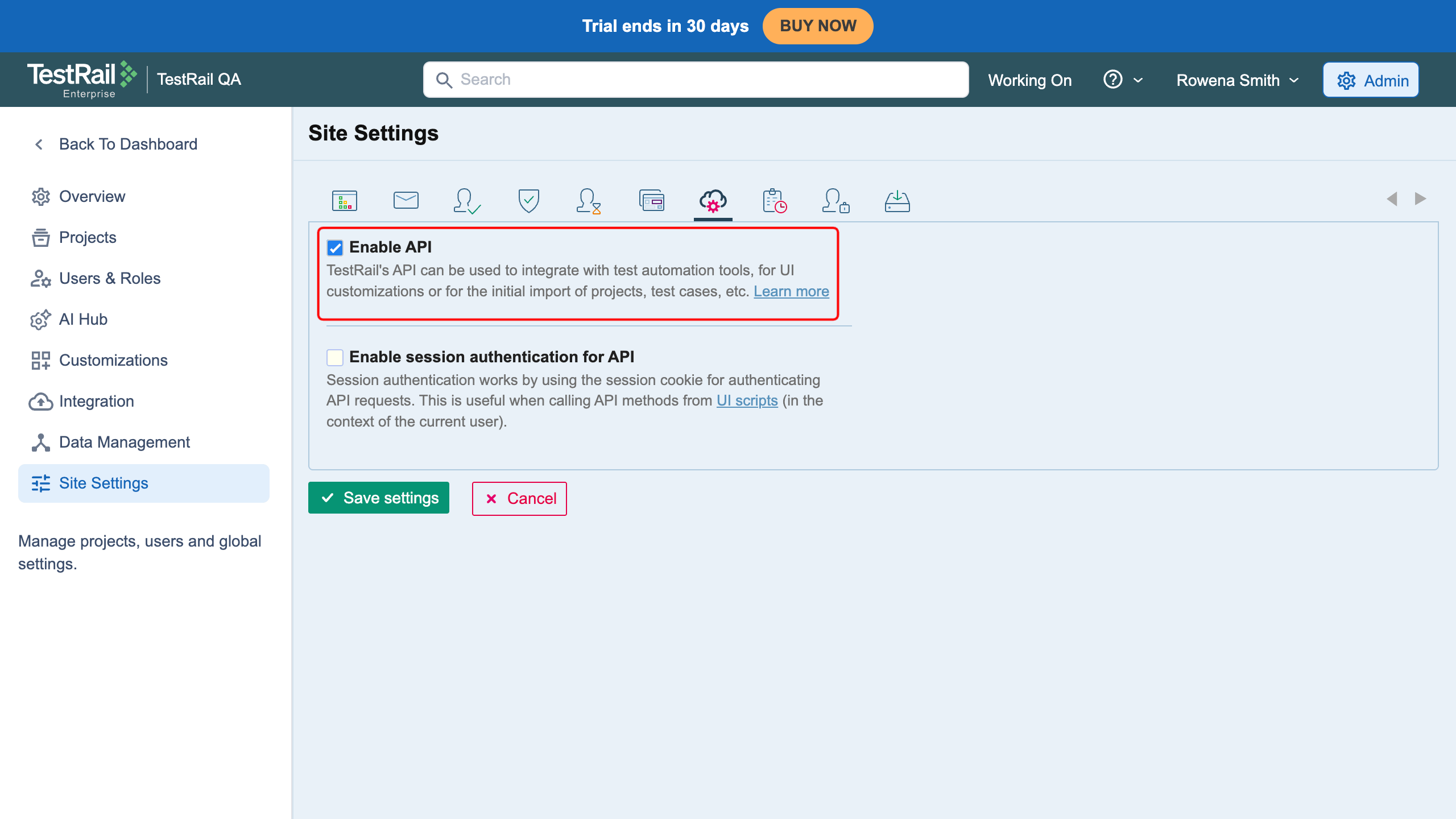 The TestRail API setting enabled under Administration, Site Settings