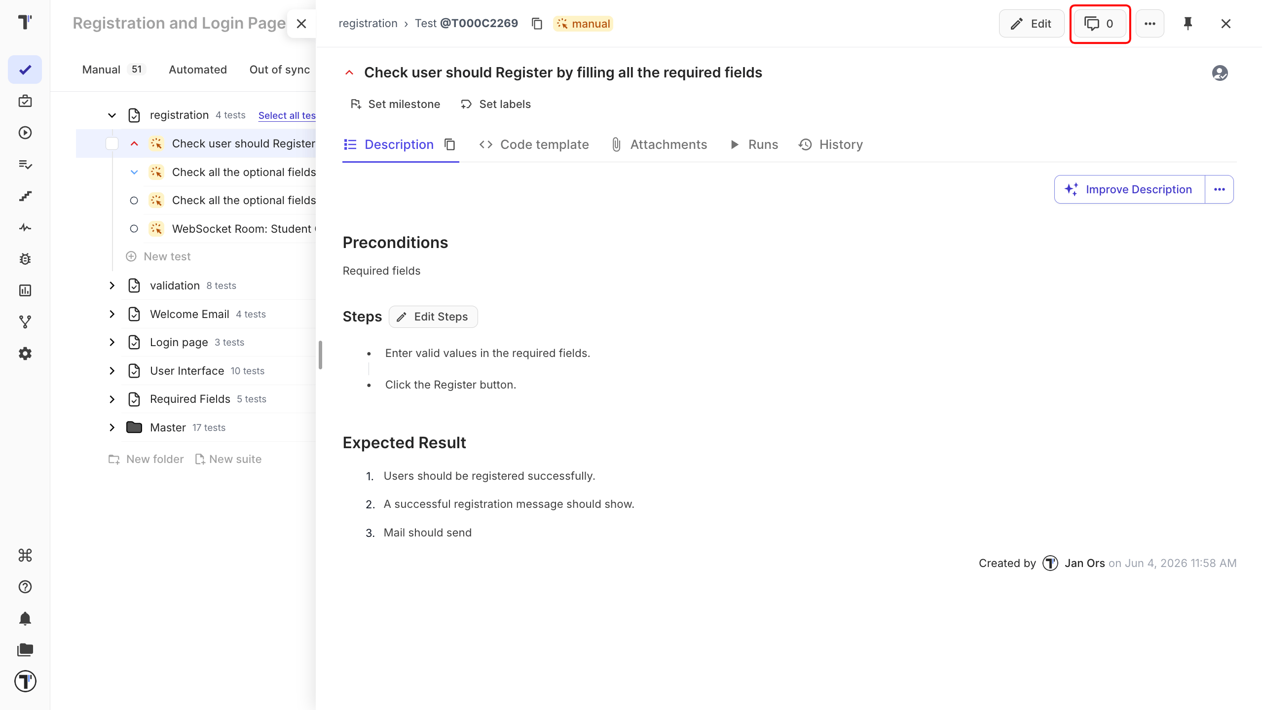 The Comments tab on a test, with one comment in the thread