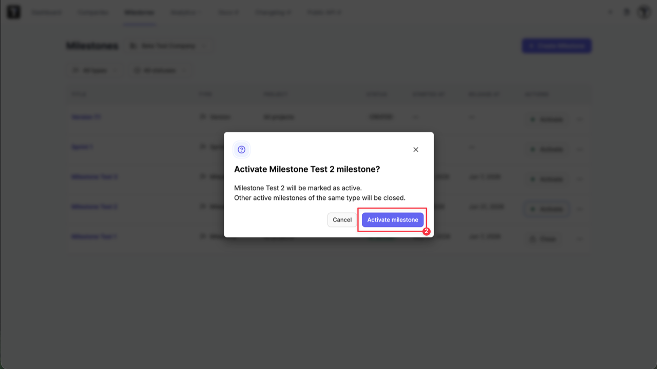 Testomat.io - Activate Milestone
